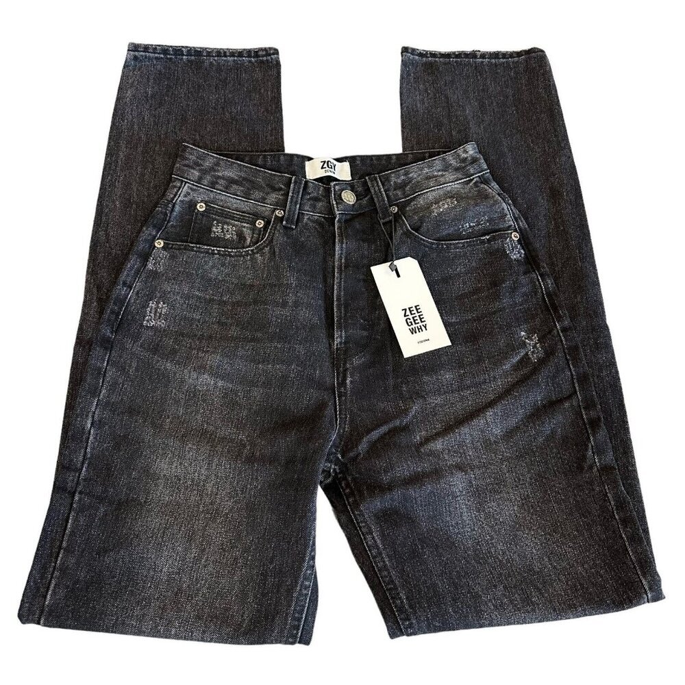 ZGY Denim Size 24 Straight Up Hi Rise Relaxed Straight Jeans Black Distressed - Picture 3 of 7